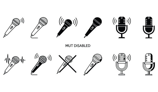 Microphone Audio Icons Mute and Active Status Line Art Vector Isolated on White