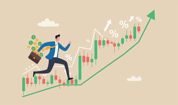 Success trader make profit with investment trading, stock market growth, get rich Crypto trading concept, confidence businessman investor money running on candlestick graph