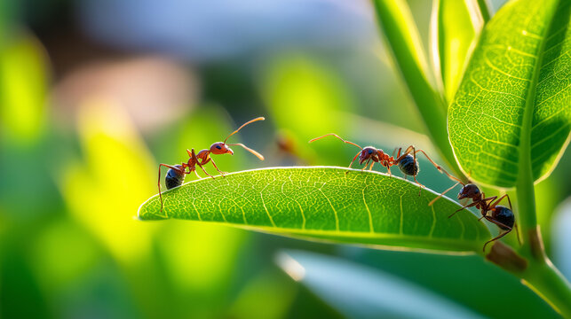 Close-up of ants carrying leaf fragments back to their colony in warm sunlight, teamwork in nature concept, ant macro photography, insect community behavior, defocused background,