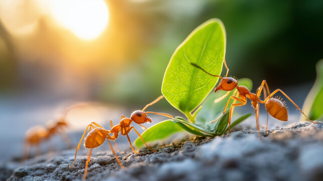 Close-up of ants carrying leaf fragments back to their colony in warm sunlight, teamwork in nature concept, ant macro photography, insect community behavior, defocused background,
