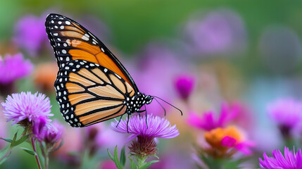 Fototapeta premium Close-up of a monarch butterfly resting on a wildflower with wing pattern in sharp focus, butterfly nature photography concept, monarch close-up, garden wildlife macro, defocused