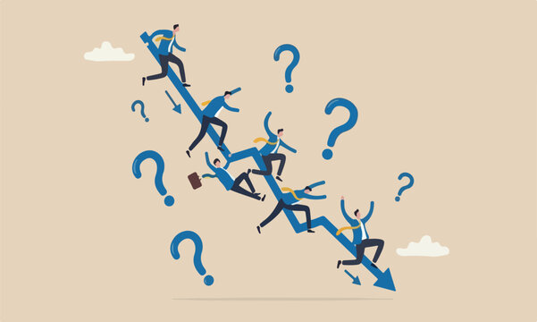 Stock market, crisis, fall down, decrease or reduction concept, business people investor riding on falling down graph