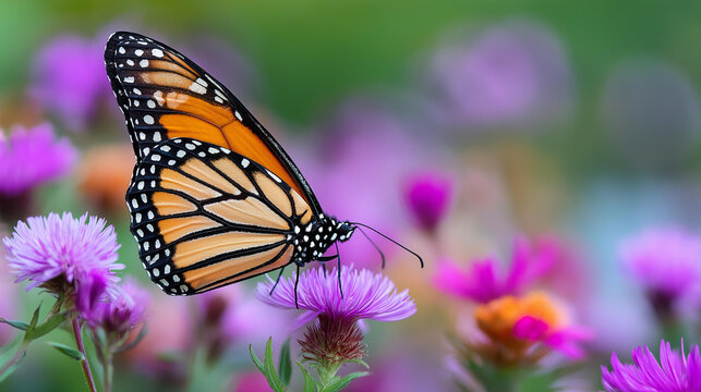 Close-up of a monarch butterfly resting on a wildflower with wing pattern in sharp focus, butterfly nature photography concept, monarch close-up, garden wildlife macro, defocused