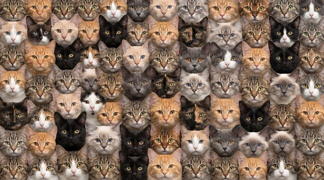 A dense, repeating pattern of numerous cat faces of various breeds and colors, all looking directly forward.