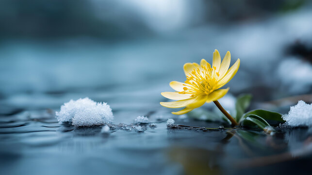 Macro close-up of a small flower resting in water with a few snowflakes melting around it, end of winter concept, spring emerging, seasonal nature macro, defocused background,