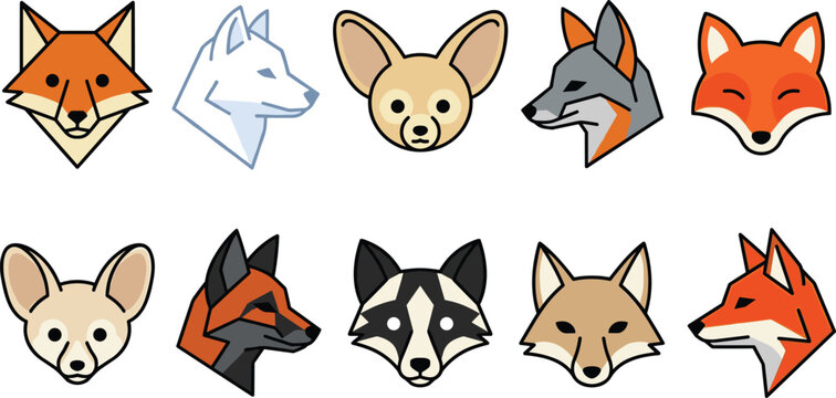 Cute Woodland Animal Face Icon Collection Featuring Fox, Wolf, Chihuahua, and Raccoon Characters for Logo, Sticker, and Mascot Design Projects