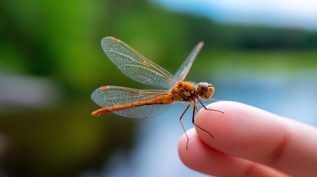 Macro close-up of a dragonfly perched on a human finger tip with wing detail clearly visible, insect interaction concept, close-up dragonfly, summer wildlife photography,