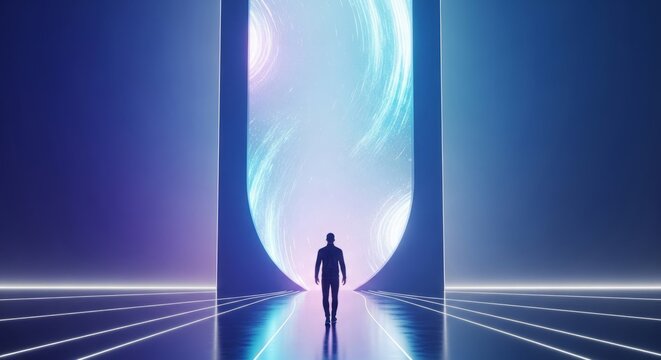 Abstract blue background with water drops and reflections featuring a vector illustration silhouette of a business person dancing under the night sky light