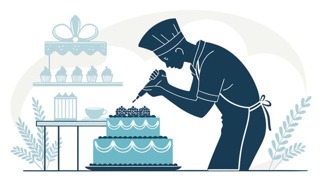 Illustration of baker decorating a blue cake with icing and berries