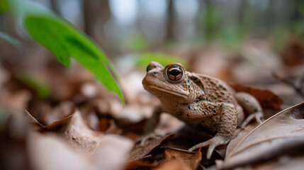 Fototapeta premium Macro close-up of a small brown toad camouflaged among leaves on a forest floor, amphibian wildlife concept, European toad close-up, nature camouflage photography, defocused