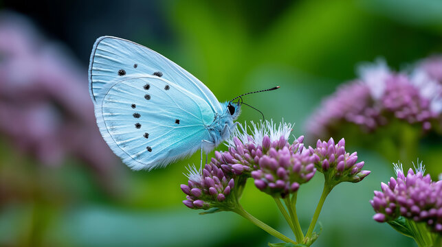 Close-up of a pale blue butterfly resting on an amaranth flower with wing detail visible, butterfly macro photography concept, spring insect, garden wildlife, defocused