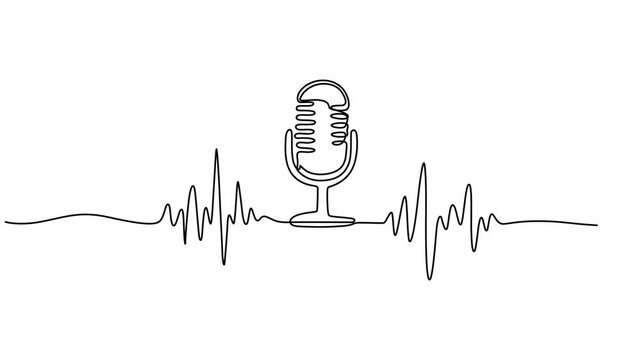 Animated Continuous Single Line Microphone and Headphones Podcast Concept Line Art Animation, Continuous single line drawing of a vintage microphone with sound wave audio signal concept for podcasting