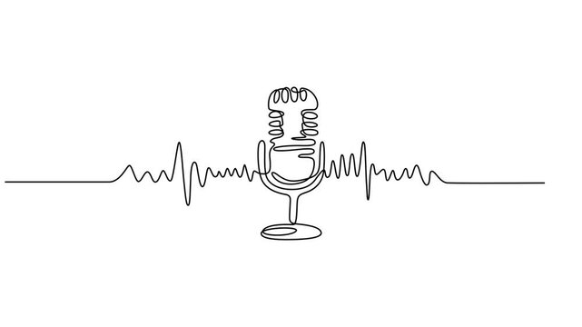 Animated Continuous Single Line Microphone and Headphones Podcast Concept Line Art Animation, Continuous single line drawing of a vintage microphone with sound wave audio signal concept for podcasting