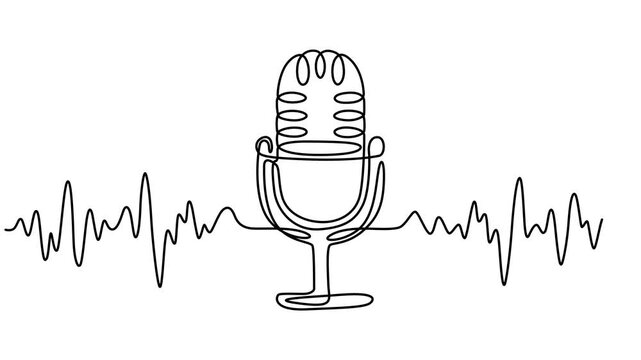 Animated Continuous Single Line Microphone and Headphones Podcast Concept Line Art Animation, Continuous single line drawing of a vintage microphone with sound wave audio signal concept for podcasting