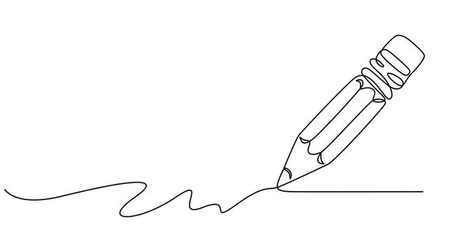 Pencil icon continuous one line drawing 4k animation video isolated on white background, Continuous contour movement of a pencil. Continuous video with one line, Animated self drawing of minimal style