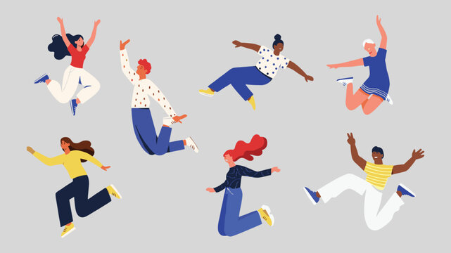Flat Style Diverse Jumping People Character Set with Happy and Energetic Celebration Poses Design