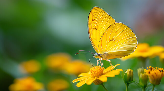 Macro close-up of a bright yellow butterfly resting on a yellow flower with wing pattern detail, garden macro photography concept, pollinator close-up, summer nature, defocused