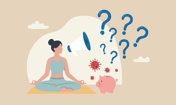 Stay calm at piggy in social distancing self isolation in COVID-19 Coronavirus outbreak lockdown concept, woman meditate and yoga at home to stay calm, COVID-19 virus around