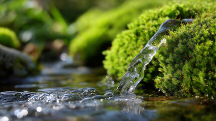 Fototapeta premium Close-up of flowing water over mossy rocks in a sunlit stream, nature water photography concept, freshwater stream macro, light on water detail, defocused background, with copy