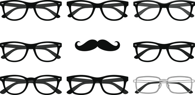 Collection of black rimmed eyeglasses and spectacles frame styles with a mustache silhouette icon for hipster fashion and optical design