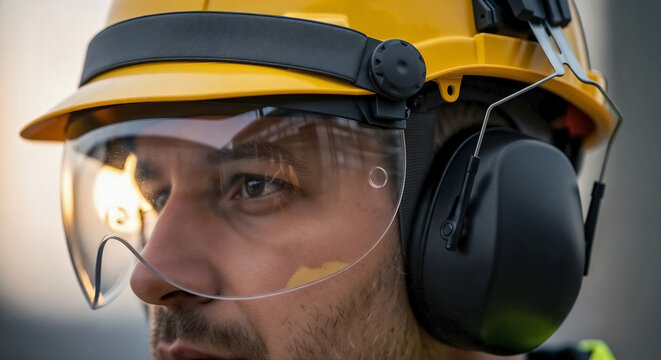 Close up profile of an industrial worker wearing full safety gear. Man with a yellow hard hat, clear face shield, and ear defenders