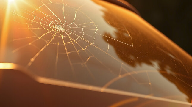 Shattered car windshield with a spiderweb crack pattern. Broken glass surface reflecting warm golden hour sunlight. Auto accident damage