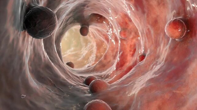 Colonic polyps on the inner wall of the large intestine, 3D animation showing a slow endoluminal camera movement along the mucosal surface, highlighting multiple protruding lesions.