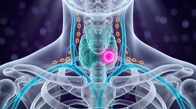 3D endocrine system medical visualization of neck anatomy and upper chest, translucent glass cervical vertebrae and clavicle bones, thyroid nodule, trachea rings, vascular and lymph node structures, p