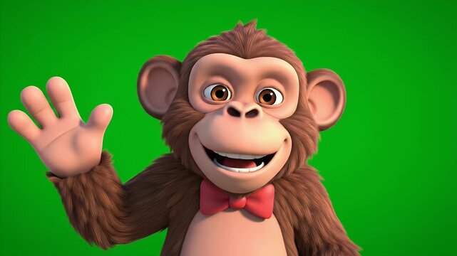 This vibrant animated monkey character is depicted with a cheerful expression, waving its hand. The character features large expressive eyes and a playful demeanor, set against a bright green screen