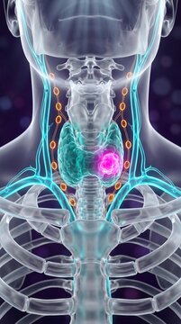3D endocrine system medical visualization of neck anatomy and upper chest, translucent glass cervical vertebrae and clavicle bones, thyroid nodule, trachea rings, vascular and lymph node structures, p