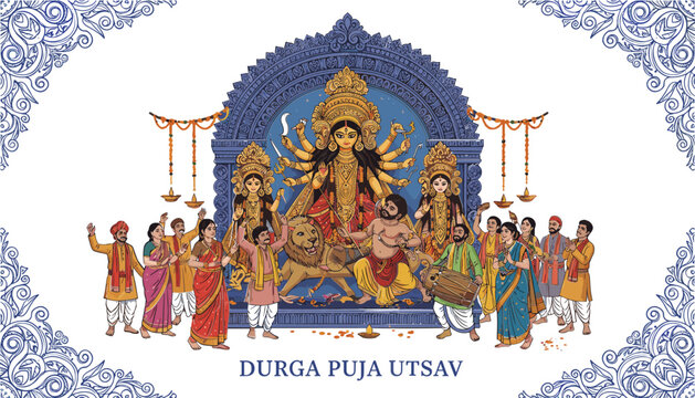 Durga Puja Utsav Colorful Illustration with Goddess, Lion, Devotees, and Temple Celebration Design