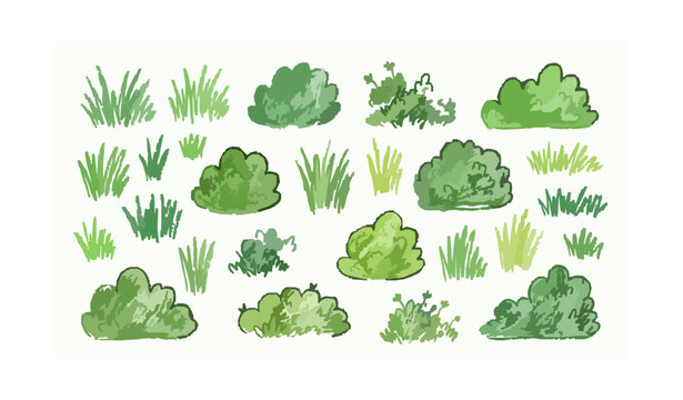 Childlike green grass and bush set with crayon texture hand drawn lawn and foliage elements isolated on white background
