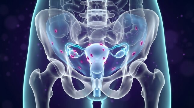 Endometriosis pelvic visualization, female pelvic anatomy 3D medical translucent glass uterus ovaries pelvic bones with endometriotic lesions and fallopian tubes
