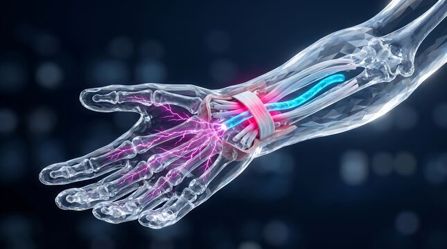3D render with visible humerus radius ulna hand bones and carpal tunnel syndrome median nerve compression highlighted in cyan and red glow