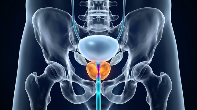 Benign Prostatic Enlargement Visualization in Male Pelvic Anatomy Showing Prostate Gland Compression of Urethra, Bladder Neck Narrowing and Lumbar Spine Skeleton Render