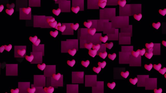 Valentine pink heart and envelopes floating upwars on blackground