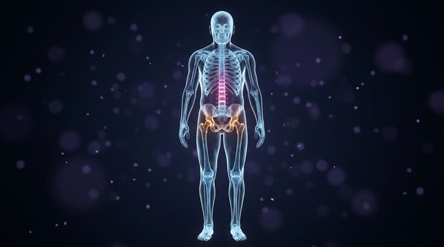Osteoporosis geriatric human body anatomy with full translucent glass skeleton, visible bone loss, spinal compression fractures and hip joint deterioration in clinical medical render