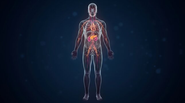Diabetes human body medical visualization in translucent 3D glass anatomy with vascular system, organ glucose dysfunction and circulation mapping