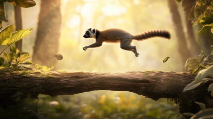Fototapeta premium Curious Lemur Leaps Through Sunlit Forest in Vibrant Jungle Scene