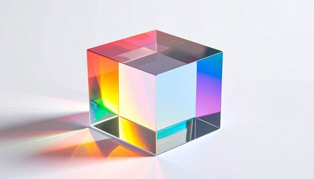 "Transparent glass cube refracting vivid rainbow spectrum on smooth light surface, abstract optics photography showcasing light dispersion, refraction, and colorful geometric prism effect"