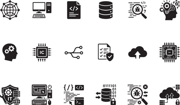Software development icon. Information technology, computer, programming, data, debug, thinking, chip. Solid vector icons collection.