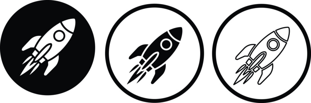 Three stylish rocket launch icons in circular frames with different shading effects