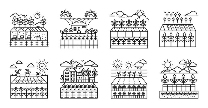 Eco Friendly Housing and Sustainable Community Icons - Collection of minimalist eco housing illustrations featuring green neighborhoods, renewable energy, sustainable living, and environmentally frien
