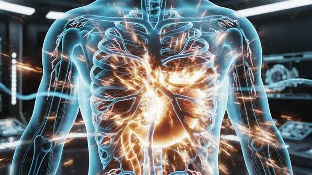 Advanced human body anatomy illustration highlighting internal systems with sci-fi elements