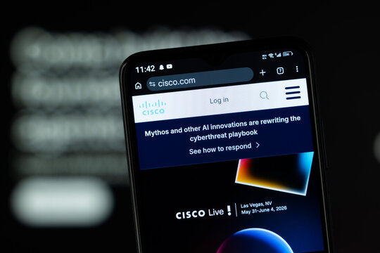 Dhaka, Bangladesh - 05 May 2026: Close-up of Cisco's homepage on a smartphone.
