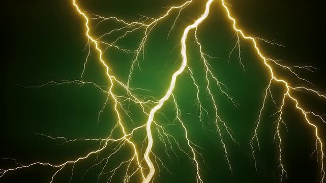 This video showcases a striking display of a yellow lightning bolt against a dark green background. The powerful electrical discharge is visually captivating, illuminating the area with intricate