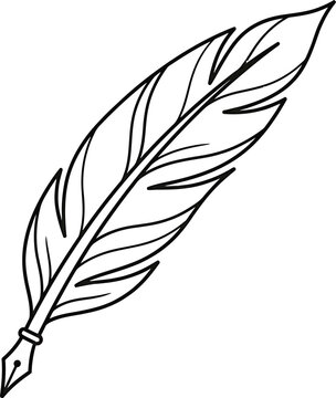 Line drawing of a feather quill pen with black and white line art calligraphy illustration education historical isolated handwriting literature tradition broadcasting communication