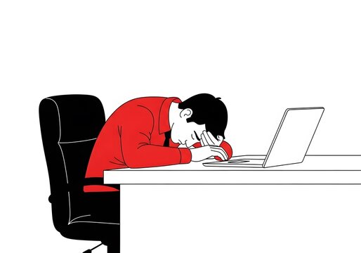 Tired man in red shirt slumping over laptop at office desk exhausted from work burnout illustration