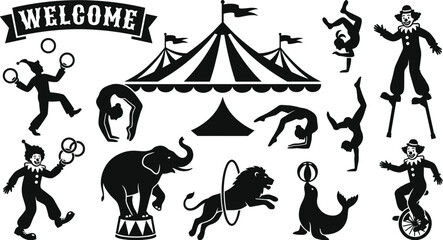 Circus Icon Set Featuring Clowns, Animals, Performers, and Tent for Funfair, Entertainment, and Event Designs © Shilpi