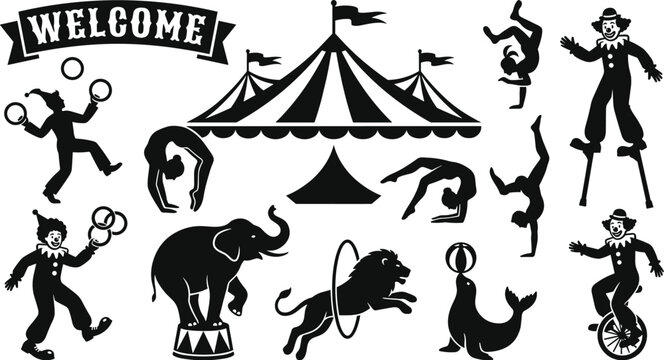 Circus Icon Set Featuring Clowns, Animals, Performers, and Tent for Funfair, Entertainment, and Event Designs